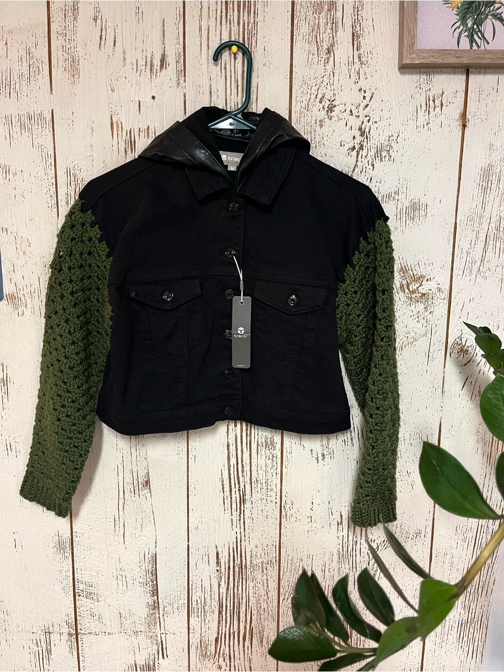 Tractr Black Jean Jacket with Olive Crochet Sleeves and Hooded Collar